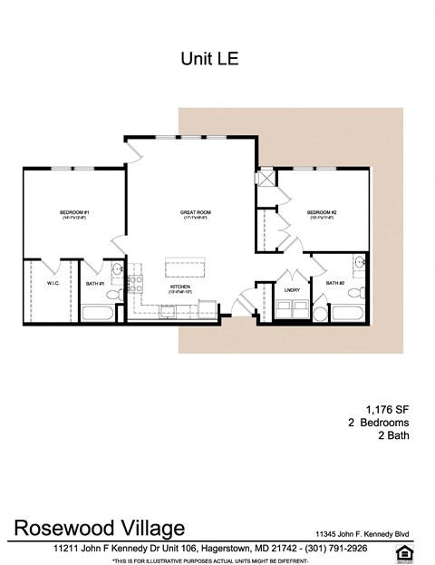 Floor plan for 2 beds, 2 baths, 1176 sqft